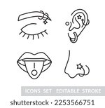 Piercing studio logo templates set. Pierced Ear, eyebrow, nose, tongue. Minimal Vector illustration logotype. Thin line icon element. Small business identity. Cool earrings jewelry shop emblem.