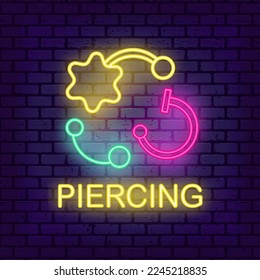 Piercing studio neon light sign. Earrings Vector illustration on brick wall background. Line icon element. Small business identity. Cool jewelry shop emblem.