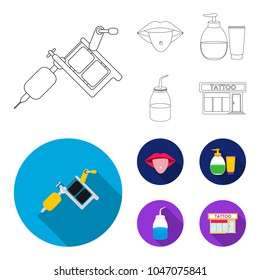 Piercing in tongue, gel, sallon. Tattoo set collection icons in outline,flat style vector symbol stock illustration web.