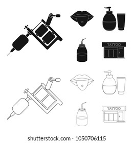 Piercing in tongue, gel, sallon. Tattoo set collection icons in black,outline style vector symbol stock illustration web.