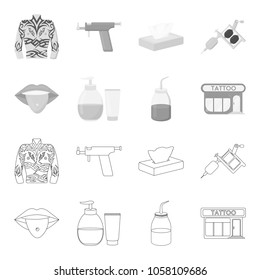 Piercing in tongue, gel, sallon. Tattoo set collection icons in outline,monochrome style vector symbol stock illustration web.