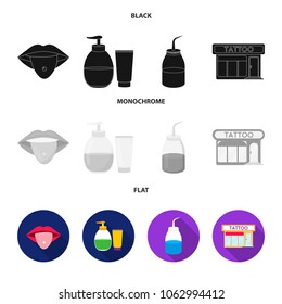Piercing in tongue, gel, sallon. Tattoo set collection icons in black, flat, monochrome style vector symbol stock illustration web.