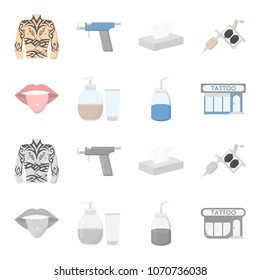 Piercing in tongue, gel, sallon. Tattoo set collection icons in cartoon,monochrome style vector symbol stock illustration web.