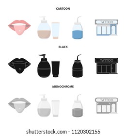 Piercing in tongue, gel, sallon. Tattoo set collection icons in cartoon,black,monochrome style vector symbol stock illustration web.