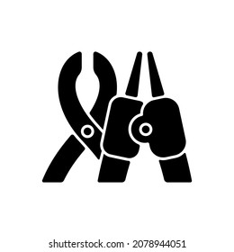 Piercing tools black glyph icon. Professional tool for punching small holes in human skin. Injecting iron parts. Modern style. Silhouette symbol on white space. Vector isolated illustration