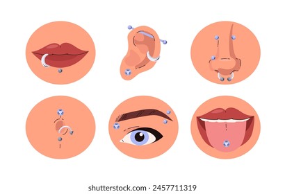 Piercing variations on body parts vector set. Piercing in the nose and eyebrow, navel, ear, lips and tongue. Stylish accessory, face jewelry barbell, cones and balls. Piercing salon infographics