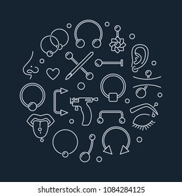 Piercing vector circular illustration made with linear piercings concept icons on dark background