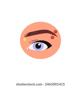 Piercing vector design. Close-up of an eyebrow piercing including bright round earrings of different colors in a round frame on an isolated background. Detailed drawing of eyes and eyebrows.