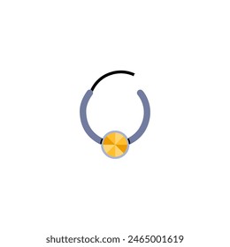 Piercing. Ilustración vectorial que representa un pendiente perforante con una decoración redonda de oro. Joyería con cierre sobre fondo aislado. Producto de metal de moda en estilo plano de dibujos animados.