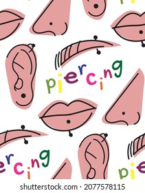 piercing vector illustration. piercing of the nose, eyebrows, lips, earlobes, cartilage. body modification. piercing salon clipart. seamless pattern