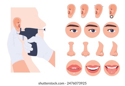 Piercings on different parts of the body. Metal jewelry in the ear, nose, lips, eyebrows. Jewelery on the face. Vector illustration