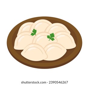 Pierogi or varenyky, traditional Eastern European dumplings on a plate. Cartoon vector illustration.