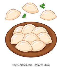 Pierogi or varenyky, traditional Eastern European dumplings on a plate. Cartoon vector illustration.