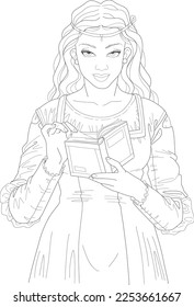 Pierre Auguste Cot The Reader Young woman reading a book edit black and white vector line art coloring book coloring page