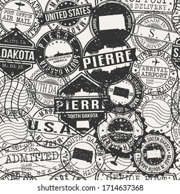 Pierre, SD, USA Set of Stamps. Travel Passport Stamps Pattern. Made In Product. Design Seals in Old Style Insignia Seamless. Icon Clip Art Vector Collection.
