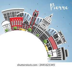 Pierre South Dakota City Skyline with Color Buildings, Blue Sky and Copy Space. Vector Illustration. Pierre USA Cityscape with Landmarks. Business Travel and Tourism Concept with Modern Architecture.