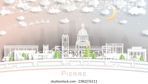 Pierre South Dakota. Winter city skyline in paper cut style with snowflakes, moon and neon garland. Christmas, new year concept. Santa Claus on sleigh. Pierre USA cityscape with landmarks.