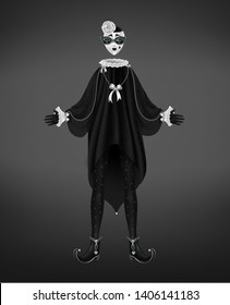 Pierrot costume, italian comedy del arte character isolated on black background. Female dress with long sleeves, twisted toe shoes, tear on sad face mask and flower. Realistic 3d vector illustration.