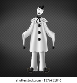 Pierrot isolated on transparent background. Theater comedian romantic character in black and white costume. Personage of italian comedy del arte, performance scene. Realistic 3d vector illustration.