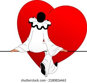 Pierrot in love sits against the background of a red heart