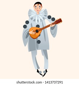 Pierrot playing mandolin. Сharacter of the Italian commedia dell’arte. Vector illustration. 