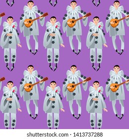 Pierrot playing mandolin and Pierrot with a rose. Сharacter of the Italian commedia dell’arte.  Seamless background pattern. Vector illustration. 