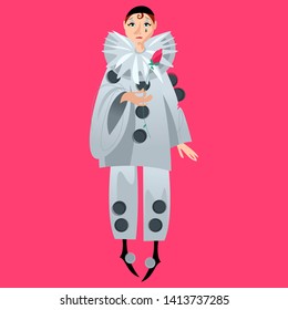 Pierrot with a rose. Сharacter of the Italian commedia dell’arte. Vector illustration. 