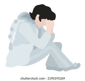 Pierrot. Vector illustration of young man sitting on the floor and crying. Isolated on white background.