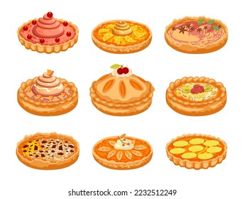 Pies and different toppings vector illustrations set  Collection cartoon drawings cakes and berries  lemons oranges  cream isolated white background  Desserts  food  bakery concept