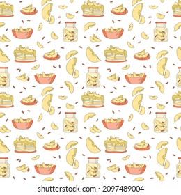 Pies, jam, tea in cups and slices of apples seamless vector pattern on a white background. Illustration template for printing wrapping paper and fabric, wallpaper for website and landing page.