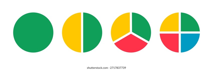 Los pasteles se segmentaron de 1 a 4 partes iguales. Ruedas divididas en secciones. Gráficos de donas. Infografía de diagramas multicolores. Gráfico de sección circular. Iconos redondos del gráfico del pastel, de la pizza. Cargando maqueta de fracción de barra.