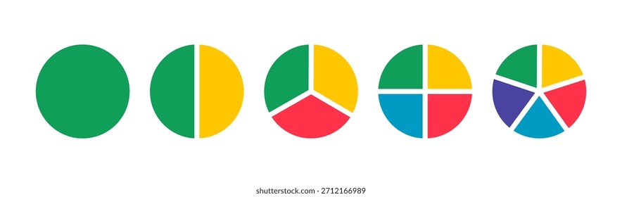 Los pasteles segmentados de 1 a 5 partes iguales. Gráficos de donas. Iconos de diseño redondo de gráfico de pizza, pastel. Diagramas infográficos multicolores. Gráfico de sección circular. Ruedas divididas en secciones. Maqueta de la barra de carga.