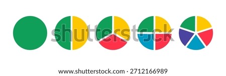 Pies segmented on from 1 to 5 equal parts. Donut charts. Pie, pizza chart round layout icons. Diagrams infographic multicoloured. Circle section graph. Wheels divided in sections. Loading bar mockup.