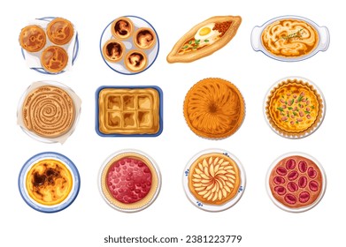 Pies set, top view vector illustration. Cartoon isolated different round pies collection with mince meat and sweet fruit filling and crust, spinach and cheese, traditional homemade or restaurant menu