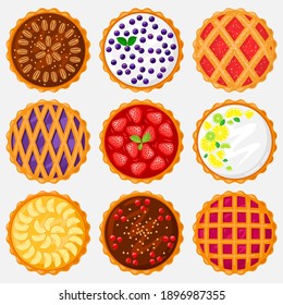 Pies top view. Baking food, delicious apple, blueberry, pecan and tasty cherry pie. Sweet pastry view from above vector illustration set. Homemade tart for dessert with lemon and lime