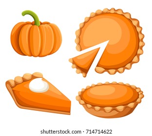 Pies Vector Illustration.Thanksgiving and Holiday Pumpkin Pie. Happy Thanksgiving Day traditional pumpkin pie with whipped cream on the top Web site page and mobile app design vector element.