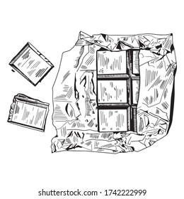 Pieses of broken chokolate. Chokolate bar in a wrapped foil paper. Hand drawn vector black and white. Crumbs and chunks. Isolated on white background. Food and sweets illustration.