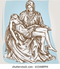 pieta statue of Michelangelo on blue background