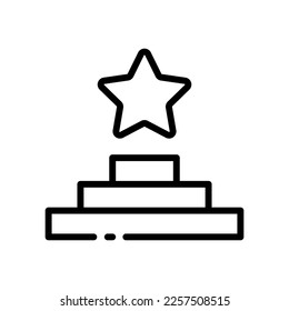 Pietistal line icon. Ward, achievement, medal, champion, ribbon, leader, star, hand, victory, position, championship, standings. competition concept. Vector black line icon on white background