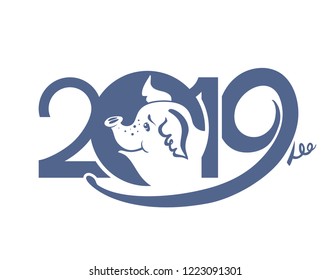 Pig 2019 symbol on the Chinese calendar. Silhouette of 2019 and Pig head. Vector element for New Year's design. 