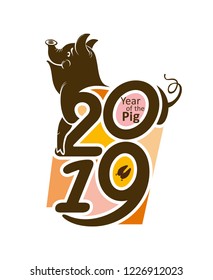 Pig 2019. Vector template with color graphic. Year of the Pig 2019. Bright New Year's design on the Chinese calendar.