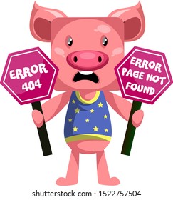Pig with 404 error, illustration, vector on white background.