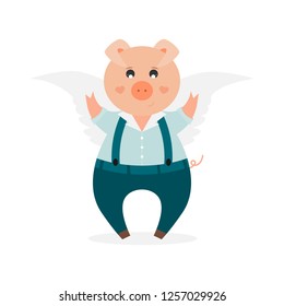 Pig with angel wings waving tail.Cute childish vector illustration. 
