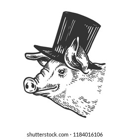 Pig animal in cylinder top hat engraving vector illustration. Scratch board style imitation. Black and white hand drawn image.