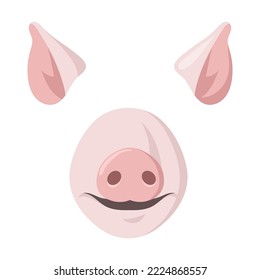 Pig animal mask for mobile application vector illustration. Cartoon bunny, deer, pig, fox, bear and dog face mask with nose and ears on white background. Photo or video chat filter concept