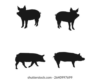 Pig animal silhouette. Simple Black Pig Silhouettes, Ideal for Farm, Agriculture, or Food Design Projects. Pig silhouette icon isolated on a white background.