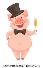 Pig animal wearing official formal suit elements holding glass