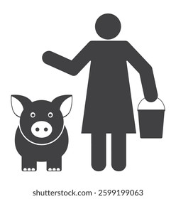 pig animal and woman farmer with bucket in hand icon