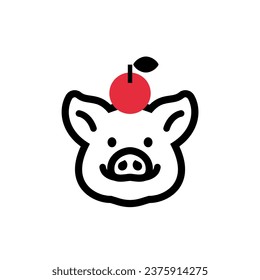 pig and apple, line vector illustration symbol design 