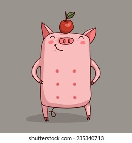 Pig with an apple on his head.